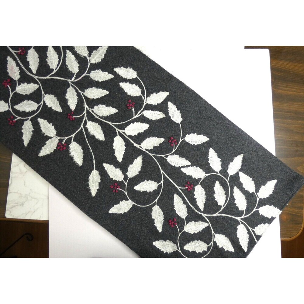 Nicole Miller Home Wool Blend Table Runner Grey Leaf Berry Embroidered 69" x 16"